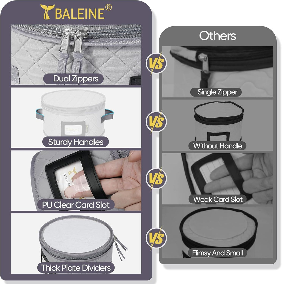 BALEINE China Storage Containers, Sturdy Quilted Wine Glass Storage, Plate Organizer with Carry Handles, Moving Boxes for Dishes, Cups, Mugs and Stemware (Plate Mug Combo, Soft Shell Grey)