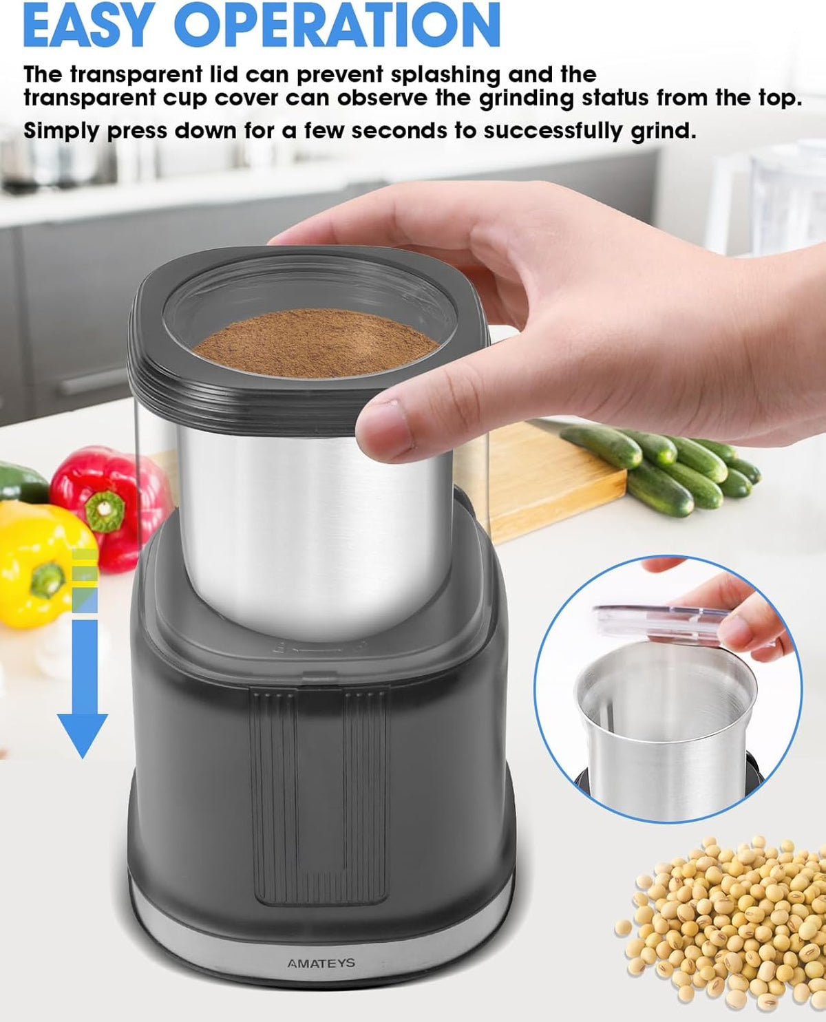 Electric Coffee Grinder,250W Powerful Motor Kichen Grinder,Quite Home Machine with 75g Coffee Bean Capacity,for Beans Spices Nuts Grians Herbs,Stainless Steel and Black