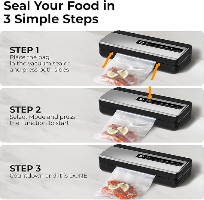 Vacuum Sealer for Food Saver & Preservation 80kPa - Powerful Suction Bag Sealer Dry/Moist/Liquid Modes - Vacuum Sealing Machine with Built-In Cutter, Bag Roll & 10 Bags Kit (Silver)