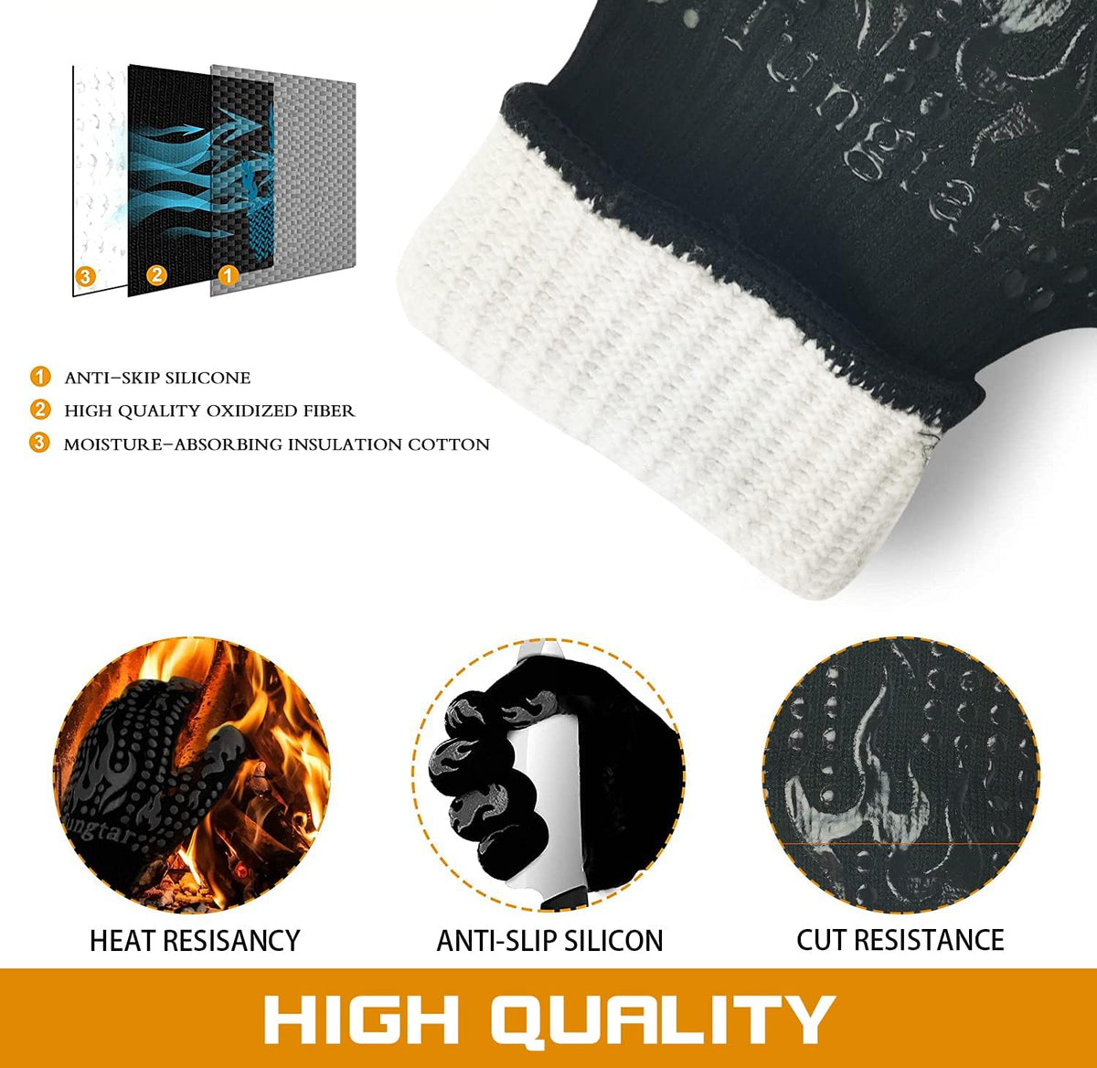 Mitts Oven Gloves with Fingers BBQ Heat Resistant Gloves Oven Gloves 1472℉ 14Inch Cut Resistant Cooking Grill Gloves Silicone Non-Slip Cooking Gloves for Grilling/Baking for Gift (Large, Black)