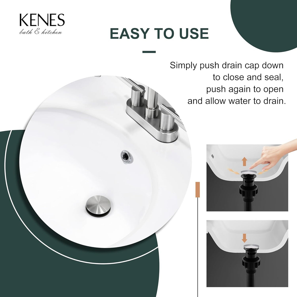 KENES Bathroom Sink Drain Stopper Pop up Sink Drain with Overflow, Brushed Nickel Lavatory Bathroom Vanity Sink Drain Assembly, Built-in Anti-Clogging Strainer