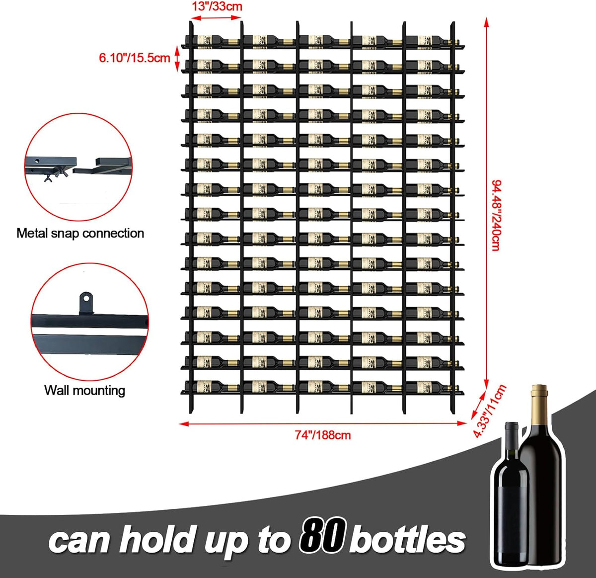 Wine Rack Freestanding Floor, 16 Tier 80 Bottle Capacity Display Holder, Industrial Wine Bottle Storage Shelves, for Any Bar, Wine Cellar, Kitchen, Dining Room (Brown, 5 Column)