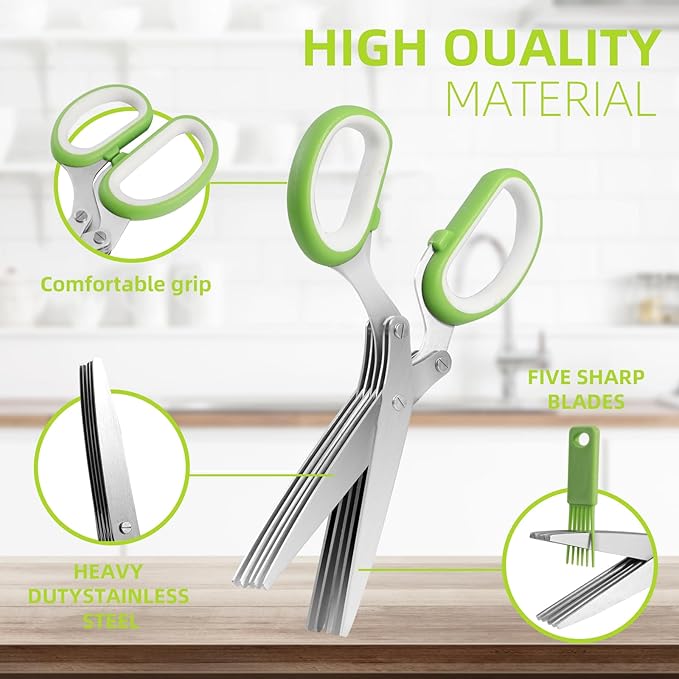 2025 Herb Scissors Set - Classic green 5-Blade Design with Cover and Comb - Skin-Friendly Handle for Comfortable Grip - Dishwasher Safe, Rust-Resistant Stainless Steel for Fresh Herbs