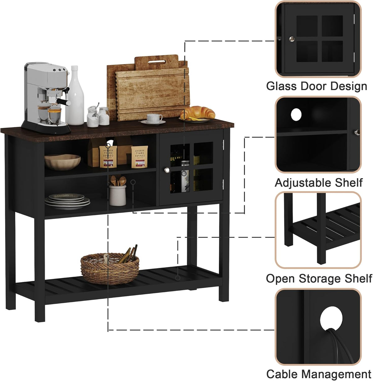 ChooChoo Farmhouse Coffee Bar Cabinet, Buffet Cabinet with Storage, Sideboard Buffet with Glass Door, Console Table for Kitchen, Hallway, Entrance, Black