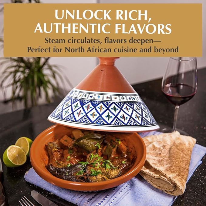 Kamsah Tagine Pot for Cooking and Flavor Enrichment - Large Clay Pot 12”, 5.5 QT - Non-Stick Handmade Cookware - Moroccan Ceramic Pots for Cooking with Lid & Serving Bowl - Bohemian Classic Blue