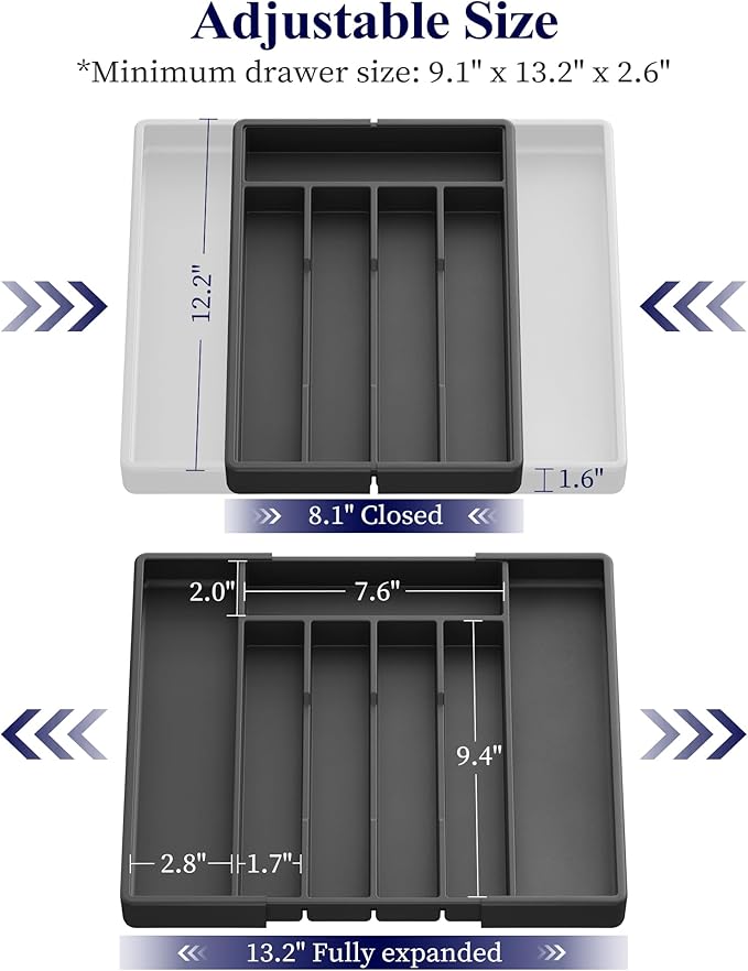 Kitsure Silverware Organizer for Drawers - Expandable Cutlery and Utensil Drawer Organizer with Easy Maintenance, Premium PP Kitchen Organizers and Storage for Flatware, Black, 13.2" x 12.2" x 1.6"