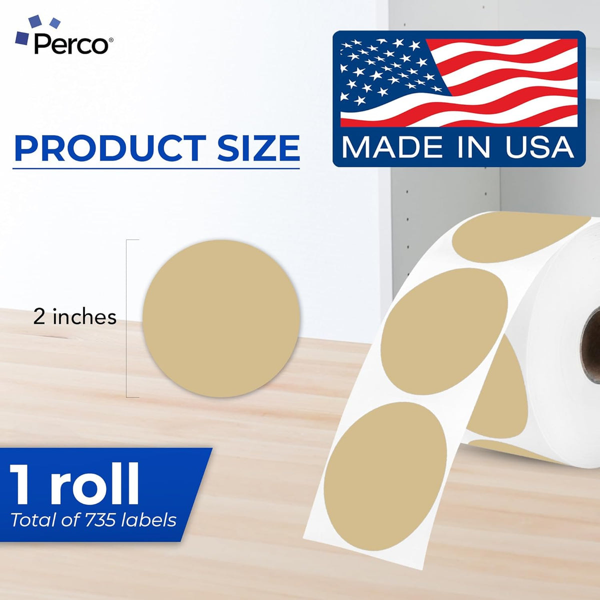 Perco Light Brown 2-inch Round Circle Thermal Sticker Labels - 735 Labels/Roll, Direct Thermal Printer Compatible, Permanent Adhesive, Vibrant Colors, Strong Hold, Perforated for Easy Use—Made in USA