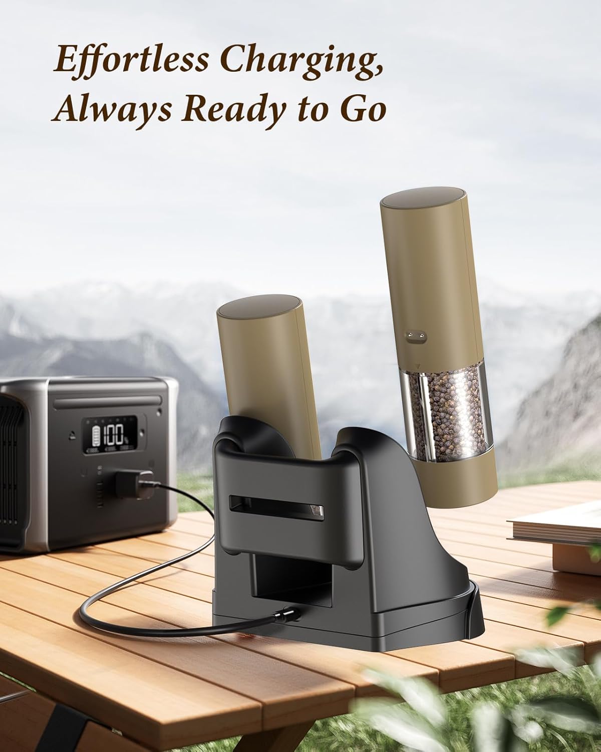 Electric Salt and Pepper Grinder Set - Automatic Refillable Salt and Pepper Grinders with Charging Base & LED Light, 6-Level Adjustable Coarseness with External Dial, Ideal Kitchen Gadget，Brown