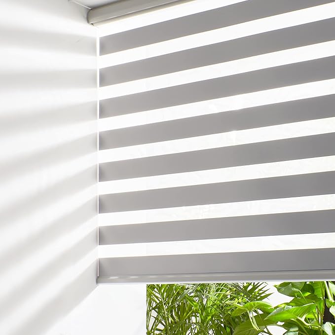 Persilux Cordless Zebra Blinds for Windows Free-Stop Roller Shades (33" W X 64" H, Grey) Dual Layer Light Cintrol for Day and Night, Light Filtering Sheer Shades for Home, Easy to Install