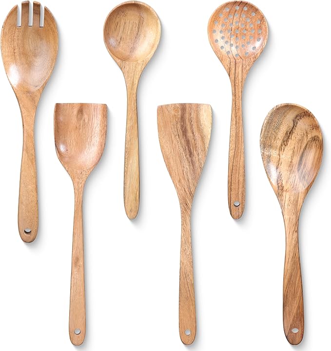 INTAJ Wooden Spoon Set for Cooking & Serving – 6-Piece Eco-Friendly Kitchen Utensils – Handmade Acacia Wood Spoons for Serving, Gifting & Daily Use – Non-Toxic, Sustainable Cookware Essentials