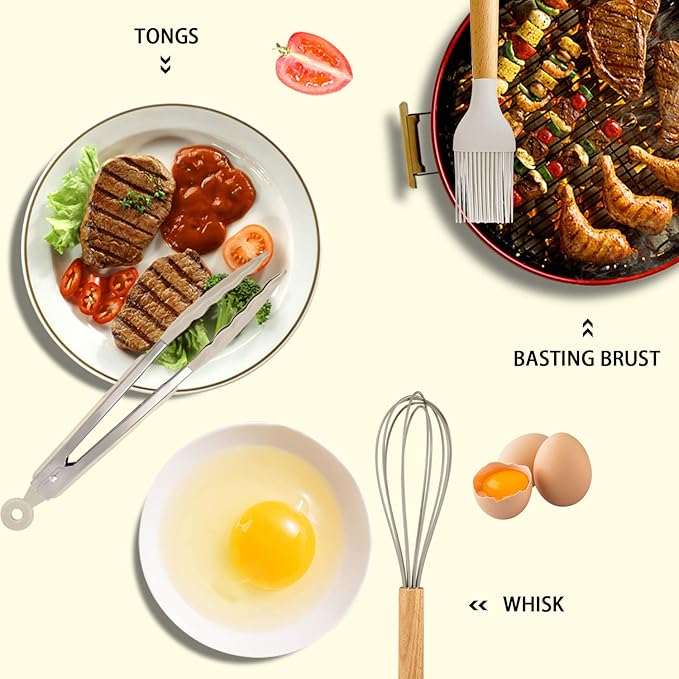 MIBOTE Silicone Cooking Kitchen Utensils Set with Holder, Wooden Handles BPA Free Non Toxic Silicone Turner Tongs Spatula Spoon Kitchen Gadgets Utensil Set for Nonstick Cookware (Khaki)