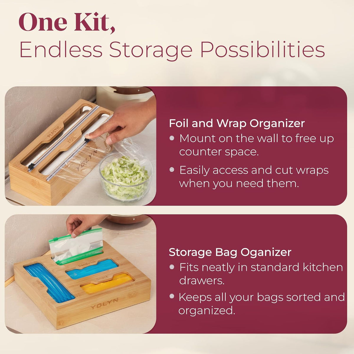 Bamboo Kitchen Storage Bag Organizer, Drawer Organizer with Foil Dispenser, Bamboo Organizer for Sandwich Bags, Plastic Wrap, Baggie and Foil, Premium Kitchen Drawer Organizer