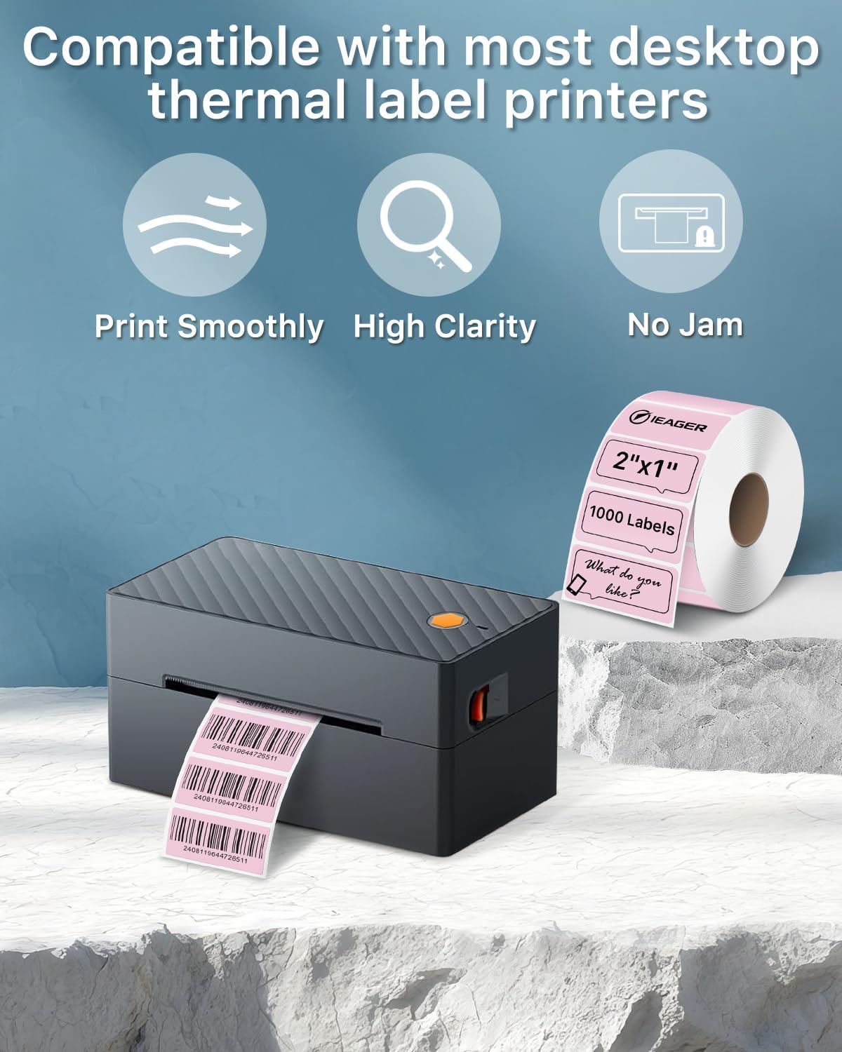 iEager 2x1 Inch Thermal Labels, Pink Rectangle Thermal Printer Stickers, Durable Shipping Label Printer Sticker for Barcode, Name, Address, 1000 Labels/Roll