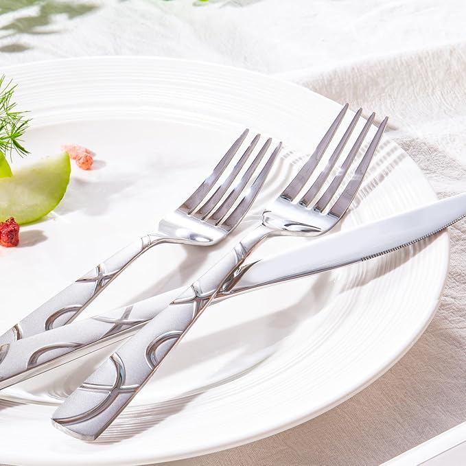 HIKAA 40PCS Stainless Steel Silverware Set, Modern Flatware Set for Kitchen, Mirror Polished Cutlery Set with Forks, Spoons and Knives，Dishwasher Safe