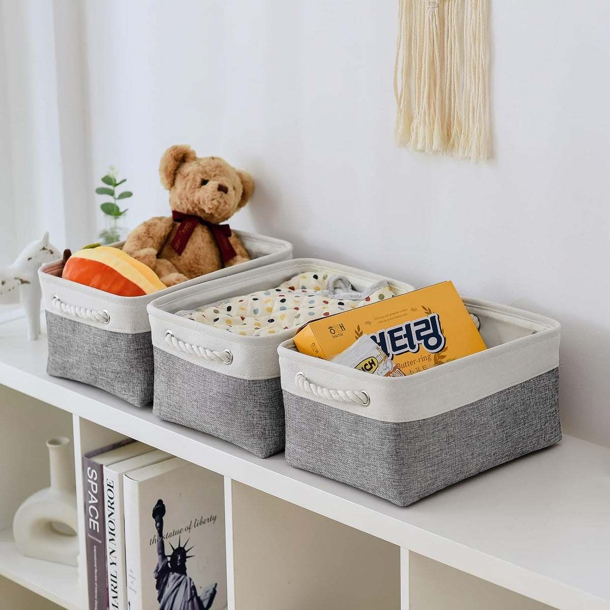 TheWarmHome Storage Bins for Shelves - 13.8L×9.8W×6.7H inch 3 Pack Medium Collapsible Storage Baskets for Organizing | Fabric Storage Cubes for Linen Closet Toy Home (White&Grey)