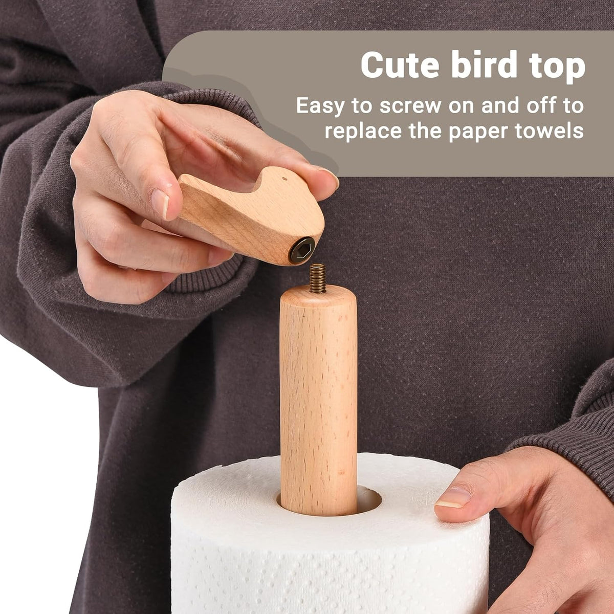 Paper Towel Holder, Cute Bird Wooden Kitchen Roll Stand Organizer Countertop Free Standing, Housewarming Gift New Home