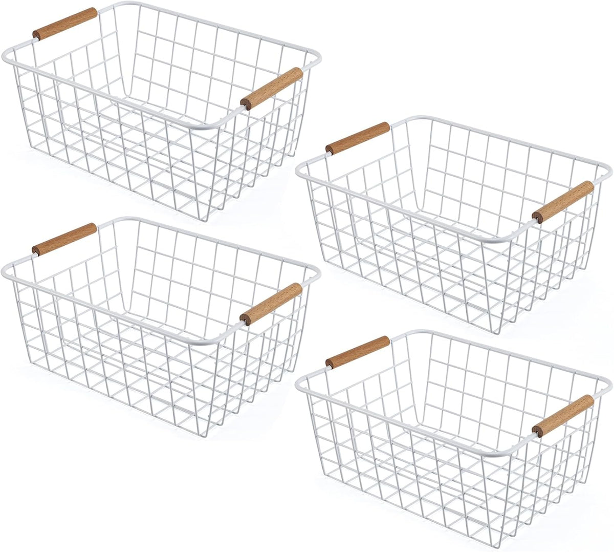 Wire Basket 4 Pcs Wire Storage Baskets Wire Baskets Organizing with Wooden Handles Wire Basket Pantry Organization and Storage Metal Wire Food Storage Basket for Kitchen, Cabinets (White 4PCS)