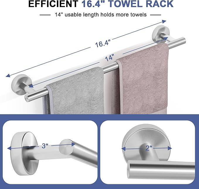 Brushed Nickel Towel Bar, 14 Inch Towel Racks for Bathroom Wall Mounted, SUS304 Stainless Steel Bathroom Towel Holder, Total Length 16.4 Inch Towel Bars