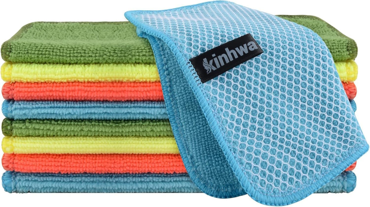KinHwa Kitchen Washcloths for Dishes Absorbent Microfiber Dish Cloths Quick Dry Dish Rags with Poly Scour Scrub Side Ideal for Kitchen Cleaning (Mixing Colors #1, 6inchx6inch 9 Pack)