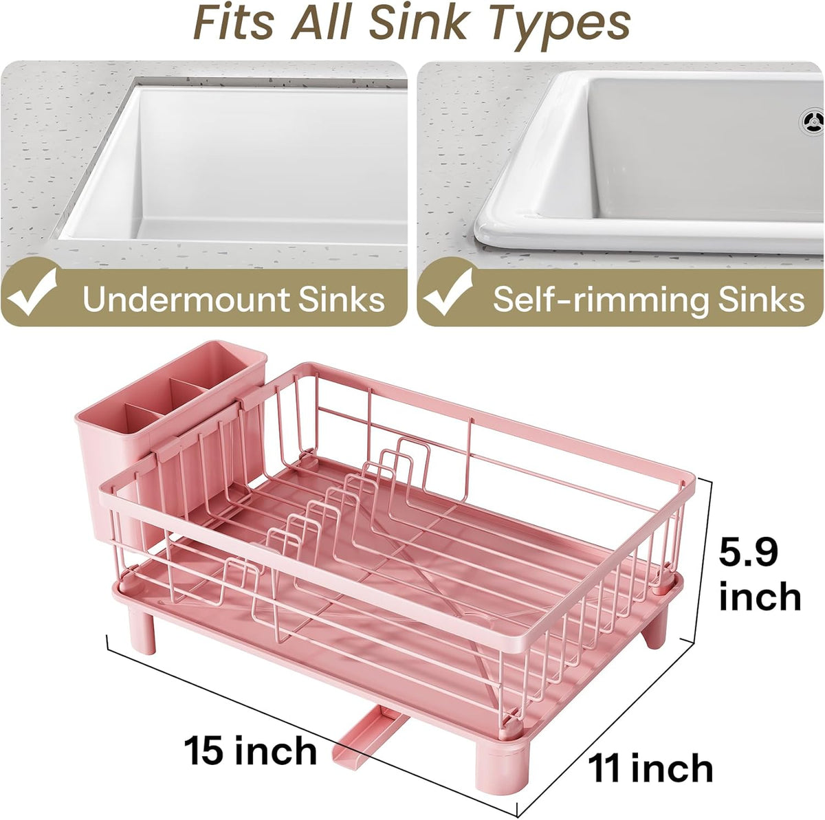 Dish Drying Rack - Small Dish Rack for Kitchen Counter, Stainless Steel Dish Drainer with Utensil Holder and Drainboard (Pink)