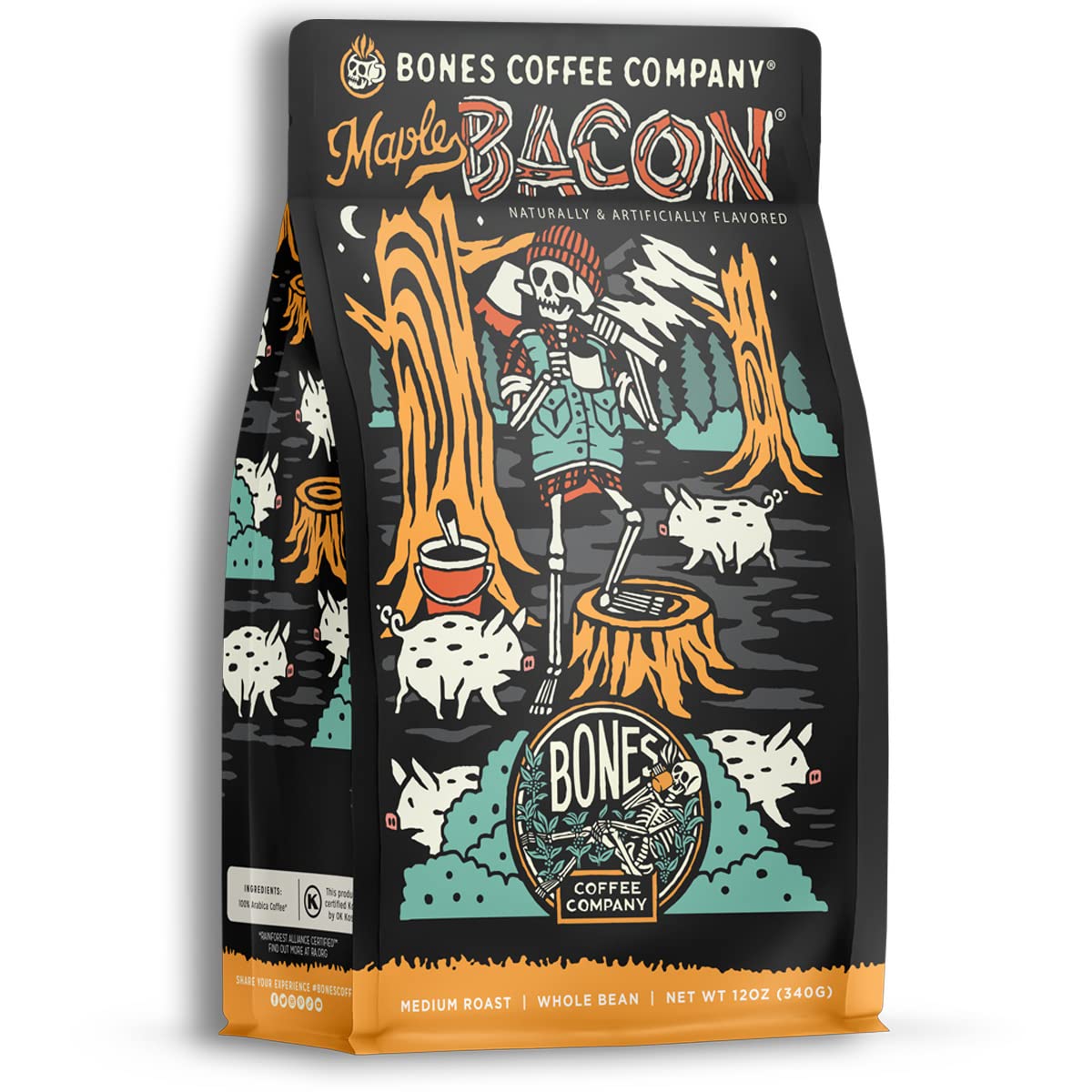 Bones Coffee Company Maple Bacon, Bacon and Maple Syrup Flavored Coffee, Medium Roast Low Acid Arabica Beans Compatible with Auto drip and French Press Coffee Maker, 12 Oz Whole Bean