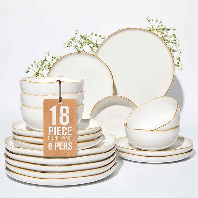 18 Piece White Reactive Glaze Dinnerware Set for 6, Irregular Coastal Shape Stoneware | Elegant & Minimal Design for Daily Family Dinners or Weekend Guests