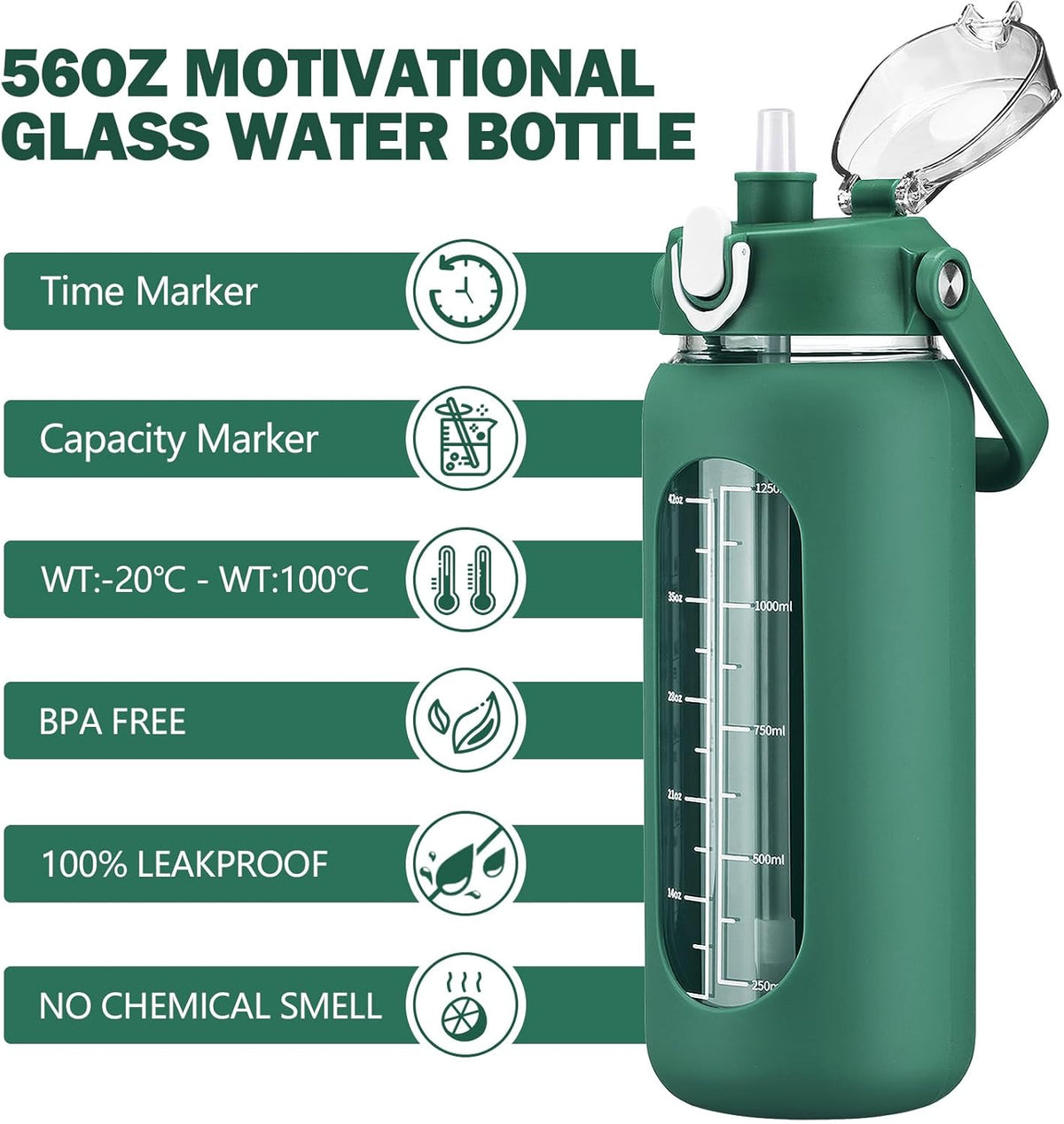 kytffu 56oz Glass Water Bottles with Straw, Motivational Glass Bottle with Silicone Sleeve and Time Marker, Leakproof Large Glass Water Jug for Gym Home Office,Ink green