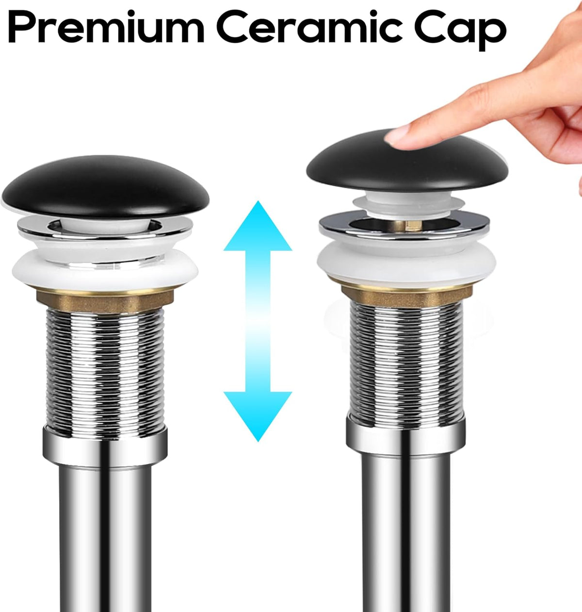 Bathroom Sink Drain Without Overflow, Ceramic Cap Pop Up Drain Stopper, Rustproof Brass and 304 Stainless Steel, Black