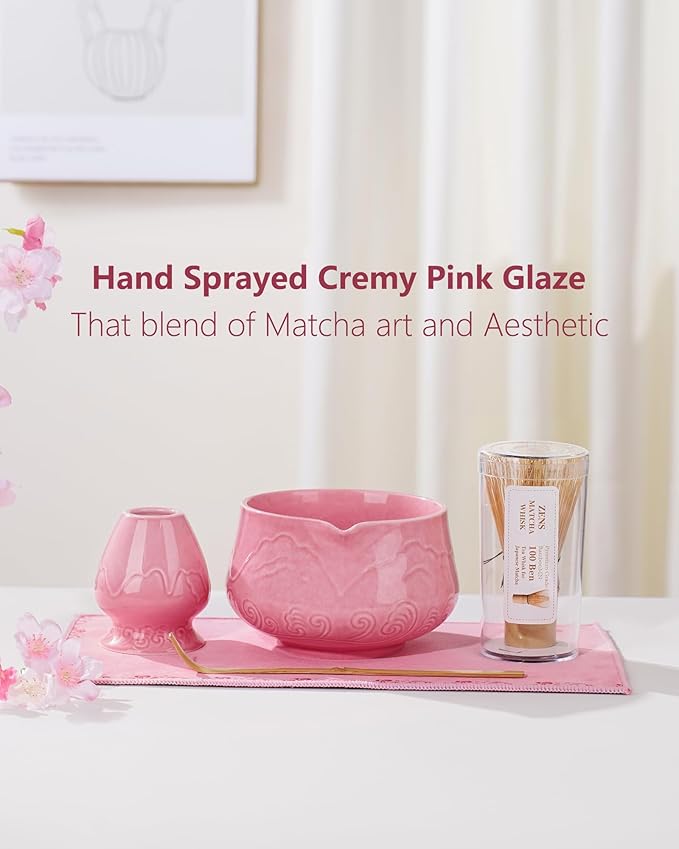 ZENS Pink Matcha Set, Matcha Whisk Set Includes 15oz Ceramic Bowl & (Chasen Holder), Bamboo Whisk & Scoop, Sifter and Pink Tea Towel, 6pcs Matcha Kit for Matcha Lovers