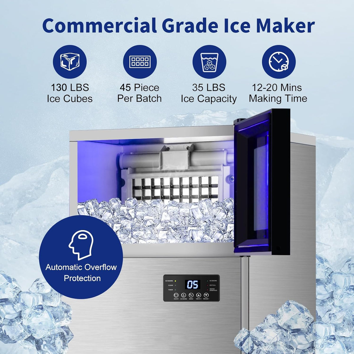 Commercial Ice Maker 130 LBS/24H, Upgraded 15" Wide Under Counter Ice Maker with 35LBS Ice Capacity, Commercial Ice Machine Self Clean Stainless Steel Built-in or Freestanding Large Ice Machine