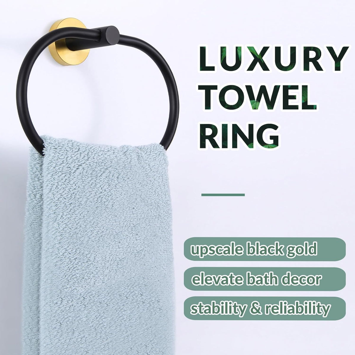 APLusee Black Gold Hand Towel Ring, Stainless Steel Hand Towel Holder for Bathroom Wall Mounted