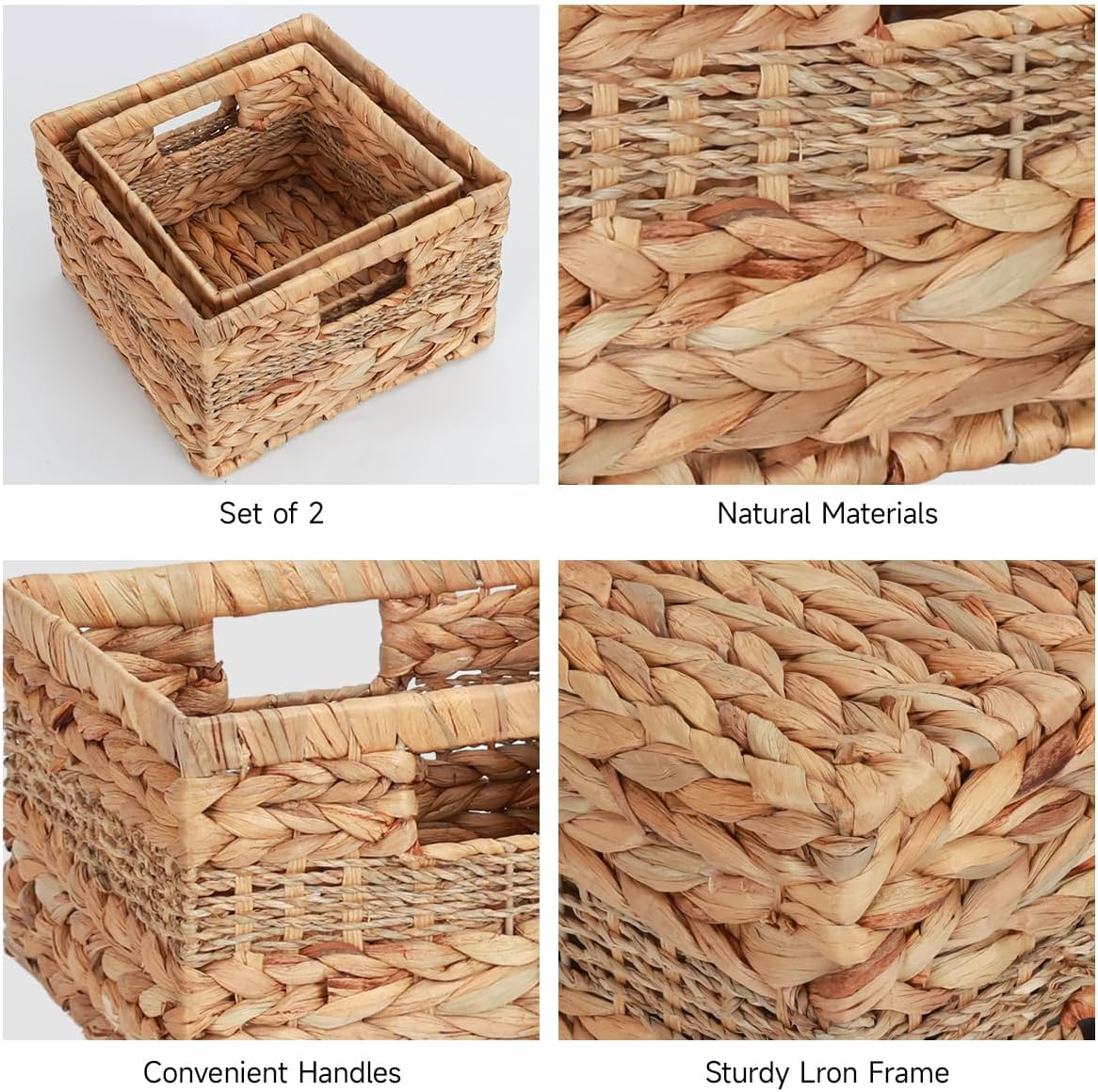 Wicker Storage Baskets with Built-in Handles, Natural Water Hyacinth and Seagrass, Decorative Handmade Storage Baskets for Organizing, Set of 2, Large and Small