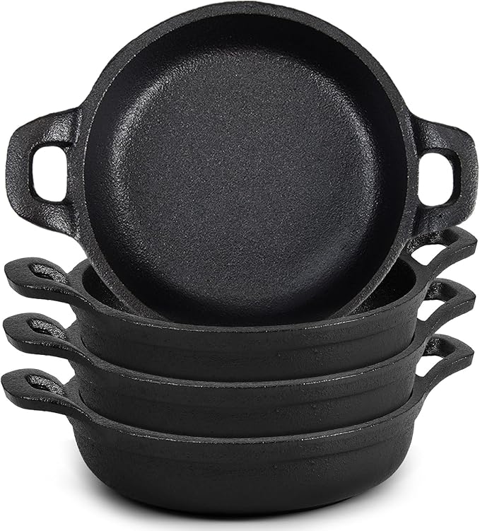 Mini Cast Iron Skillets 5 x 5 x 1.3 Inch Cast Iron Pan Small Ramekin Set Black Casserole Dish Cookware Oven Safe Mini Skillets for Kitchen Indoor Outdoor Picnic (4 Pack)