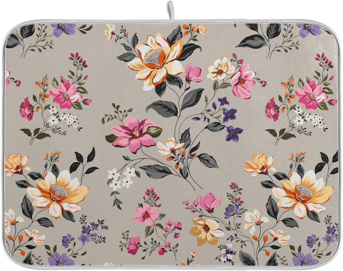 Vintage Flowers Leaves Dish Drying Mat for Kitchen Counter Absorbent Microfiber Drying Pad, Large 18x24 in, Reversible Drainer Mats