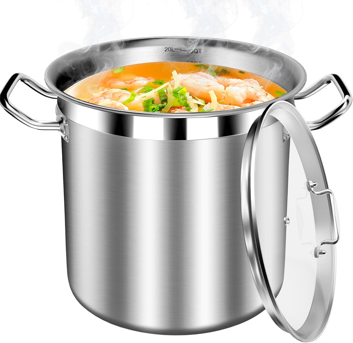 Stainless Steel 20 Quart Stockpot with Tempered Glass Lid, 3-Ply Base, 8.8 lbs, Polished Finish, Suitable for Stovetop and Oven