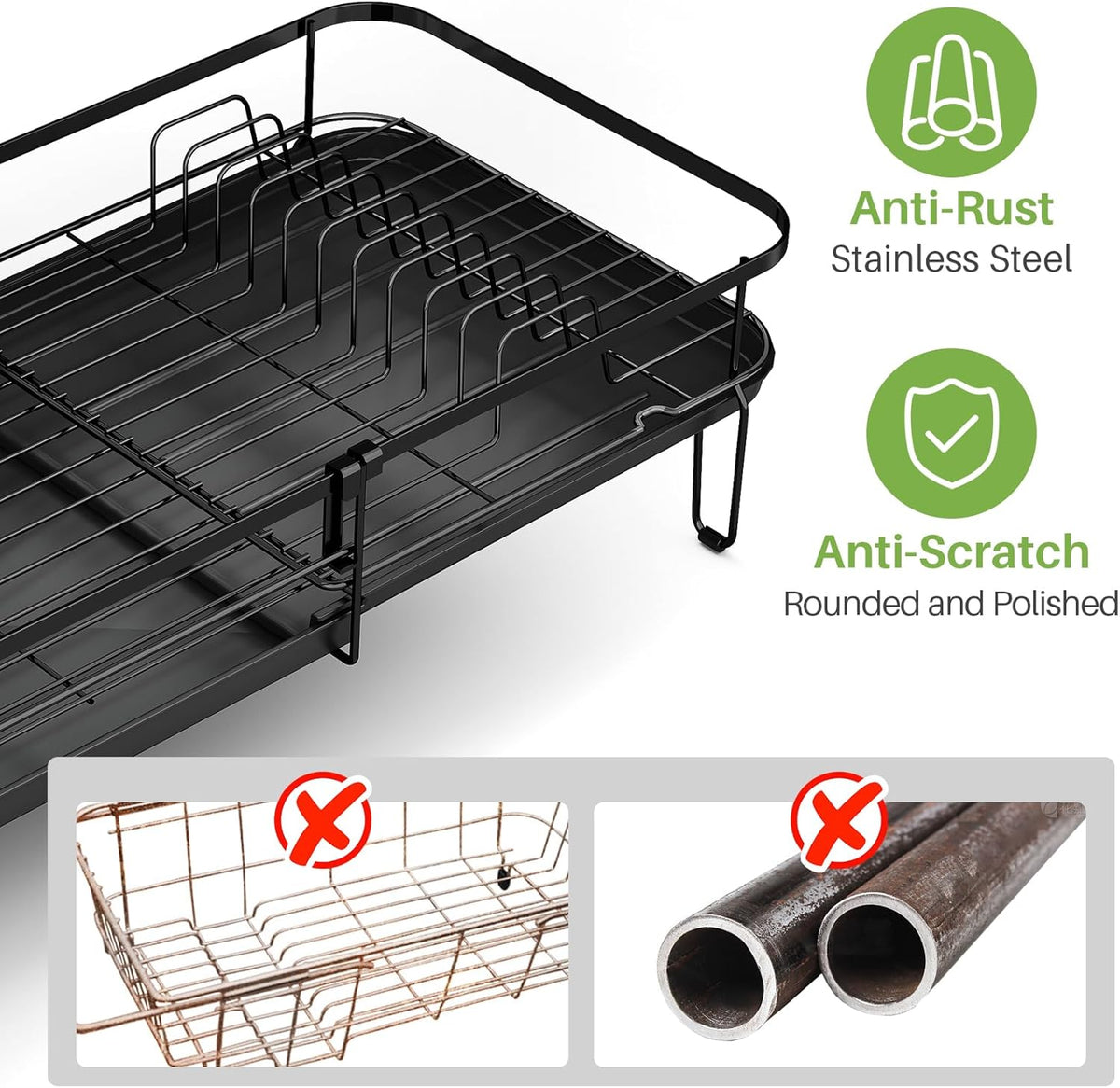 SNTD Dish Drying Rack, Expandable Dish Rack for Kitchen Counter, Metal Dish Drainer with Utensil & Cup Holder 13.8"-22.6" L x 12.1" W (Black)