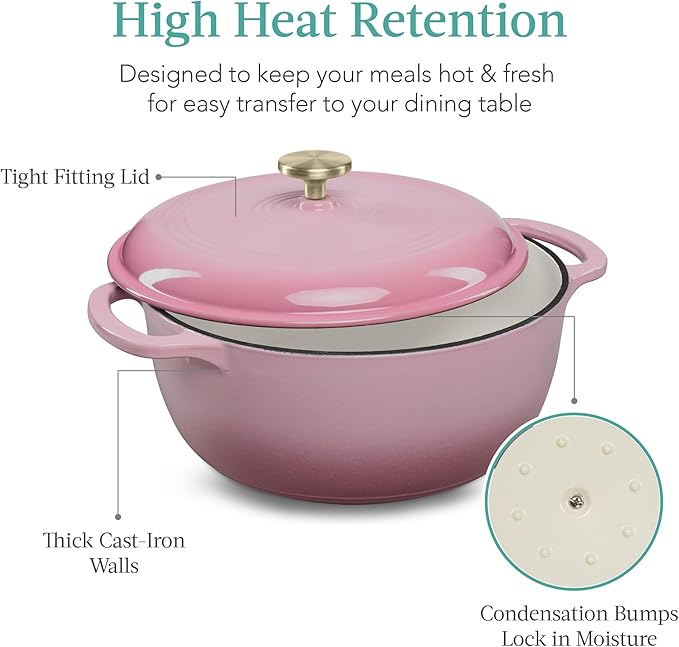 Best Choice Products 6 Quart Enamel Cast-Iron Round Dutch Oven, Family Style Heavy-Duty Pre-Seasoned Cookware for Home, Kitchen, Dining Room, Oven Safe w/Lid, Dual Handles - Pink Champagne