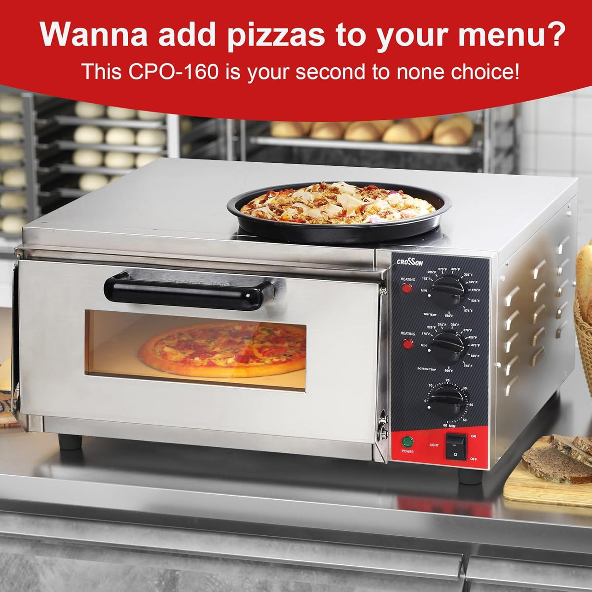 CROSSON ETL listed Commercial 16 inch Countertop Electric Pizza Oven with pizza stone, Multipurpose Indoor Pizza oven for Restaurant use,120V/1800W