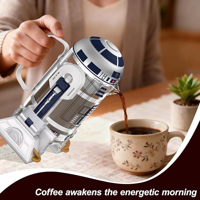 TEENKON French Press Insulated 304 Stainless Steel Coffee Maker, 32 Oz Robot R2D2 Hand Home Coffee Presser, with Filter Screen for Brew Coffee and Tea (White)