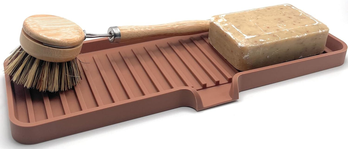 Happitasa Silicone Soap Dish Tray and Sponge Holder with Drain Chute | Bathroom and Kitchen Sink Organizer Caddy (Mocha, 12"x4", 7.4 Ounces)