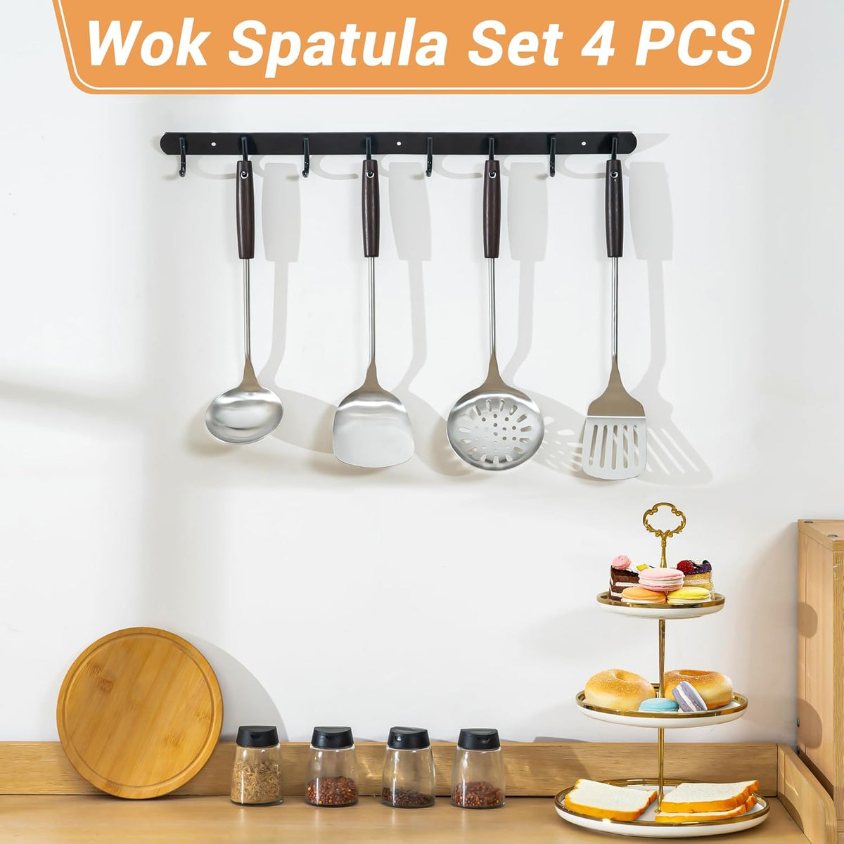 FJNATINH Cooking Utensils - Spatula, Ladle, Skimmer Spoon, Slotted Spatula - 4 Pieces Stainless Steel Wok Utensils Set for Carbon Steel