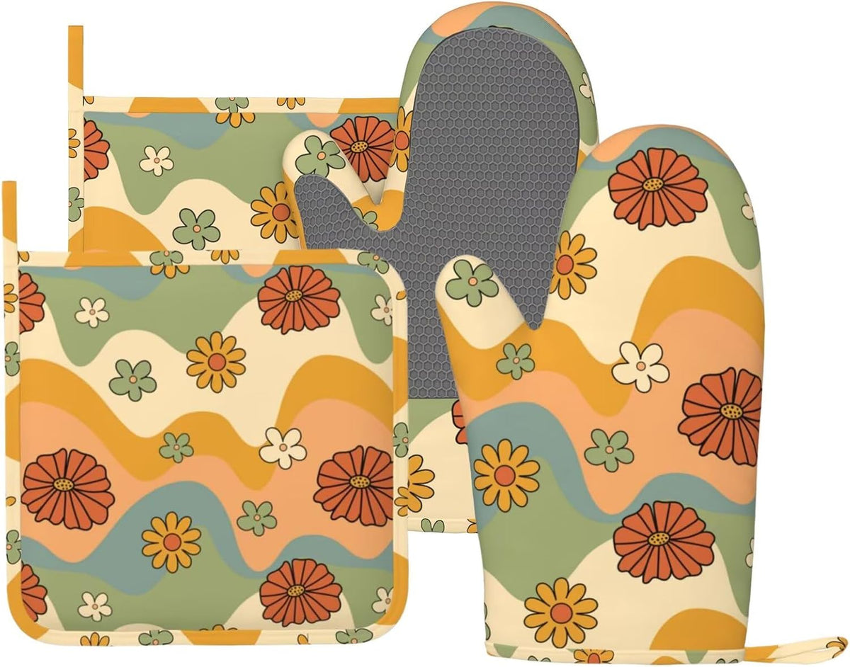 70s Groovy Cute Vintage Flower Floral Oven Mitts and Pot Holders Set of 4 Silicone Kitchen Mitten Gloves and Non-Slip Potholders Set Heat Resistant Oven Gloves Hot Holders for Kitchen