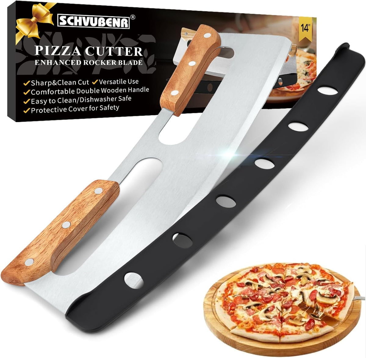 SCHVUBENR 14'' Pizza Cutter Rocker with Wooden Handles - Sharp Stainless Steel Pizza Slicer with Comfort Cover - Large Pizza Knife Cutter Wheel - Easy to Use & Clean - Slice Pizza with Ease