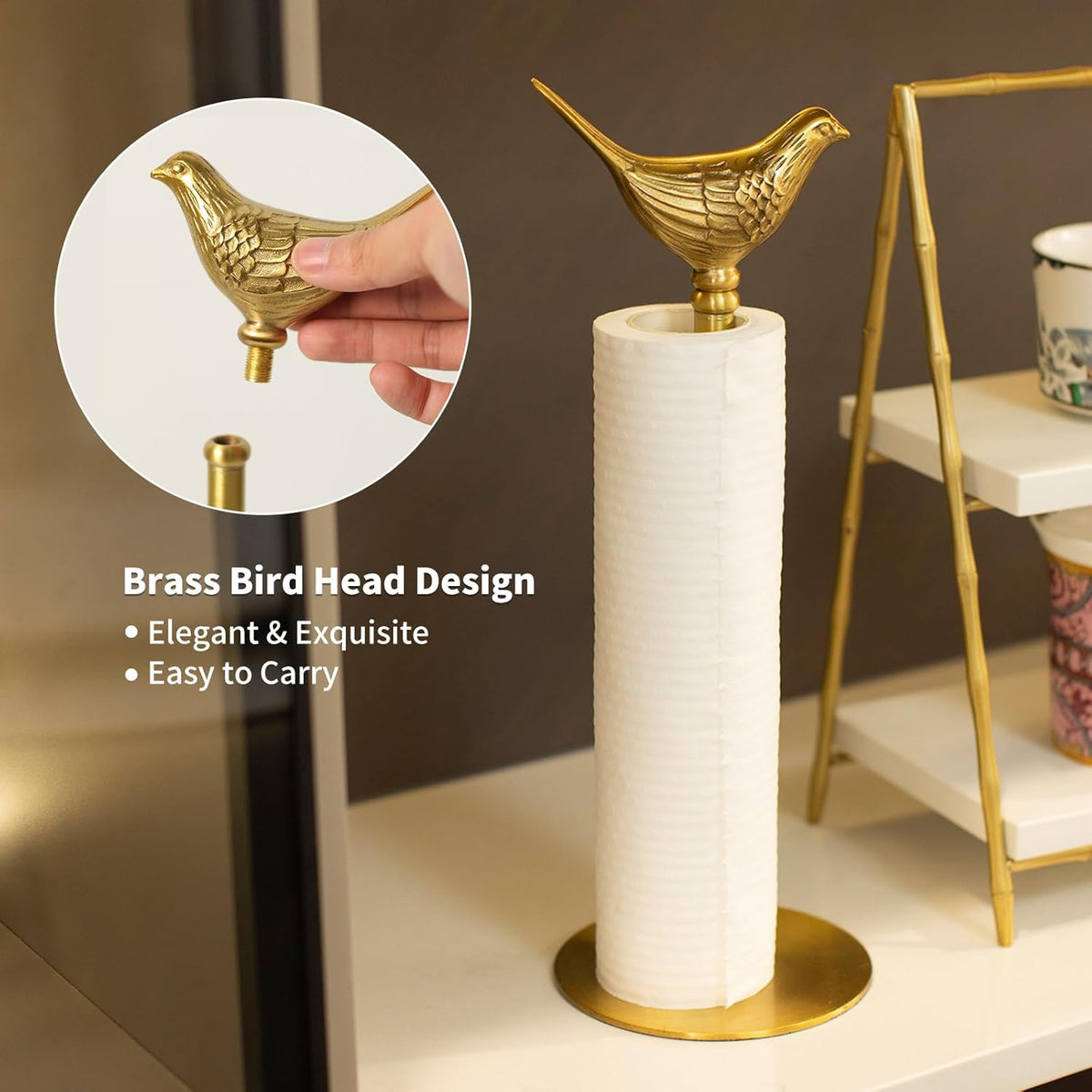 Luxurious Gold Paper Towel Holder Countertop, Brass Paper Towel Holder for Kitchen, Unique Gold Bird Decor - Sturdy, Durable, and Elegant Home Decor for Kitchen