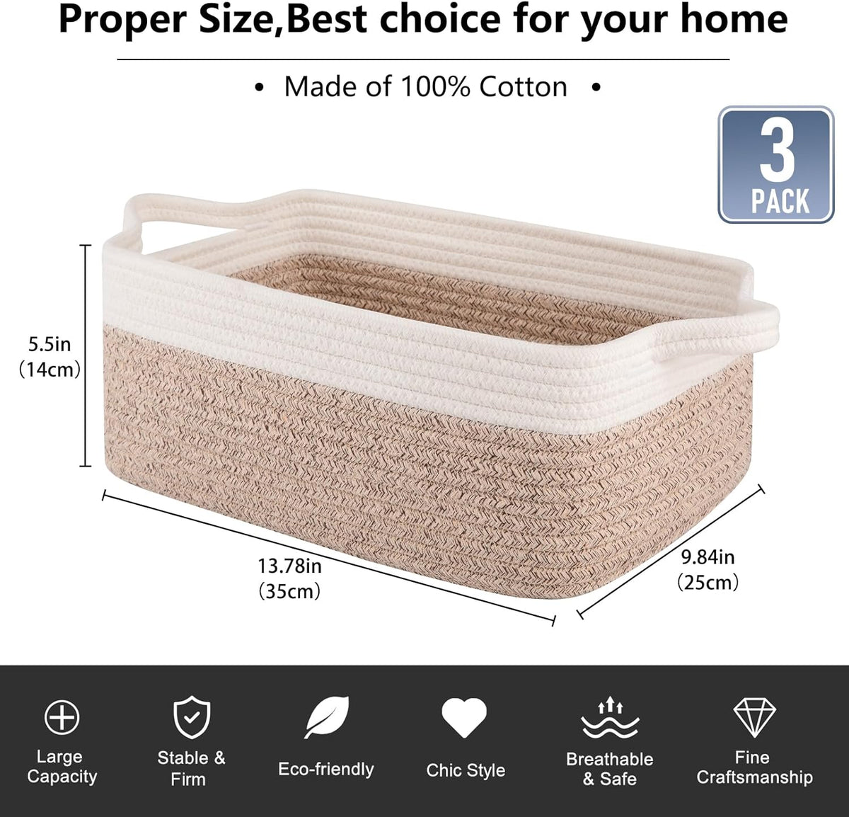 OIAHOMY 3 Pack Storage Baskets for Organizing, Woven Cotton Rope Basket for Shelves, Closet Organizer Bins with Handles, Rectangle Toy Organization, 13.78''×9.84''×5.5'', Brown & White