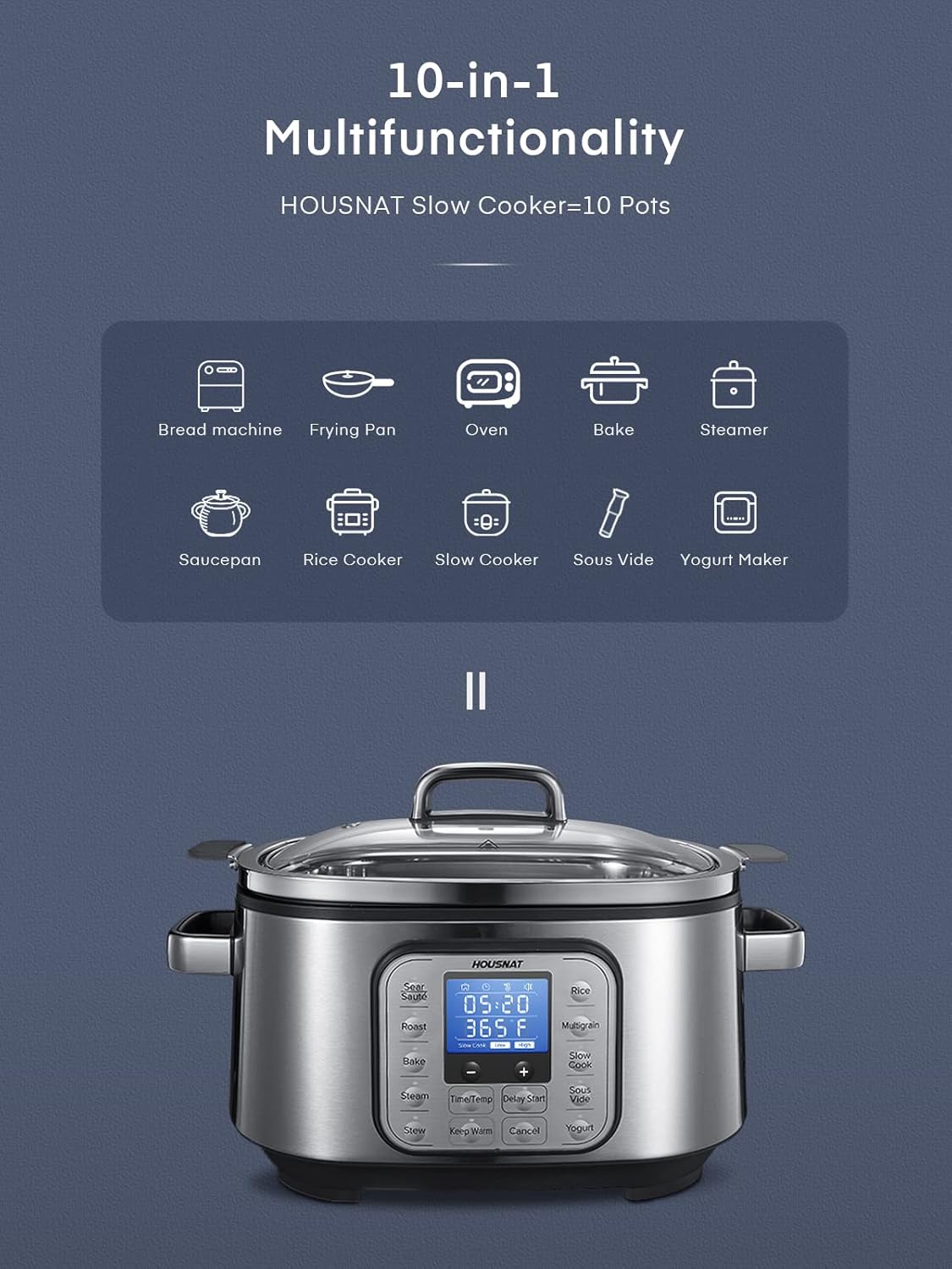 HOUSNAT Slow Cooker, 10 in 1 Programmable Pressure Cooker, 304 Stainless Steel Rice Cookers, Yogurt Maker, 6 QT Sous Vide, Delay Start, Adjustable Temp& Digital Time for Large Families or Entertaining