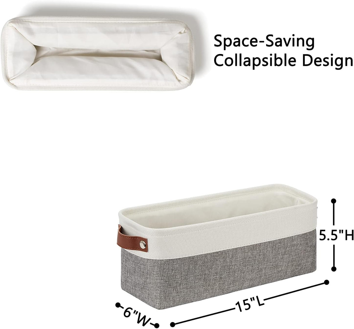 DULLEMELO Small Storage Baskets 15"x6"x5.5", Fabric Storage Bins for Toilet Tank Top [2 Pack], Back of The Toilet Basket (White&Grey)