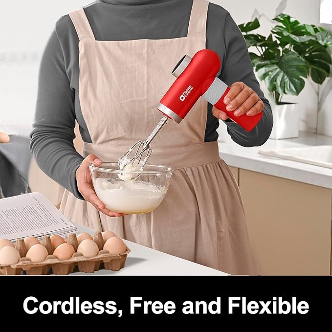 Kitchen in the box Cordless Rechargeable Hand Mixer for Kitchen, Portable Handheld Electric Mixer with Beaters, Whisks, 6-Speed Digital Display, Charging Base and USB-C Charge Cable (Cherry Red)