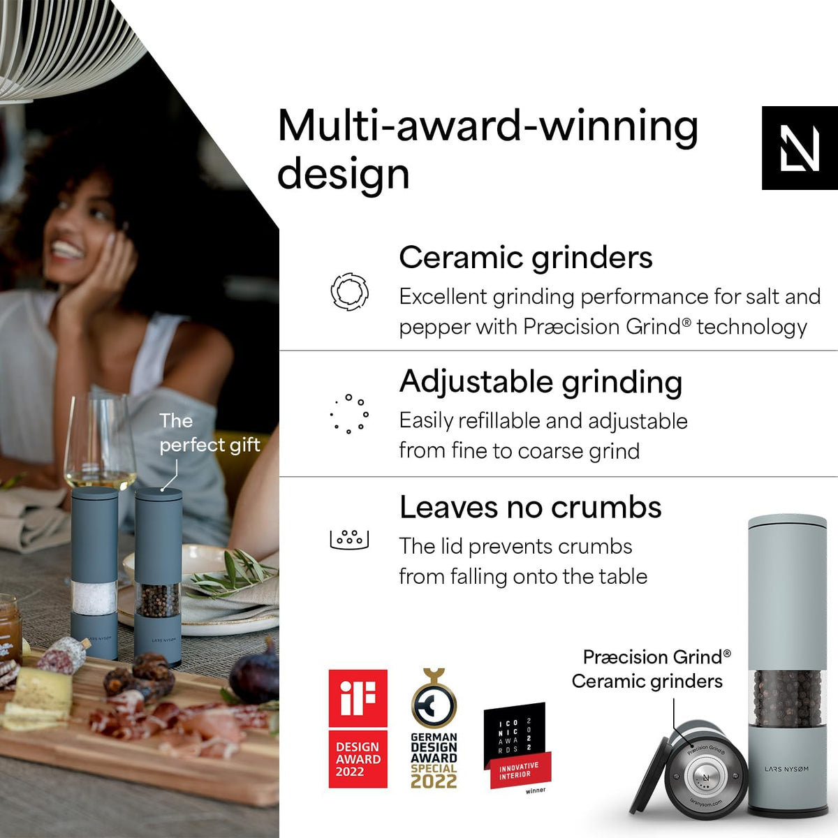 LARS NYSØM Salt and Pepper Grinder Set Manual, Stainless Steel Salt and Pepper Mills with Adjustable Ceramic Grinder I Design Spice Shakers (Blue)