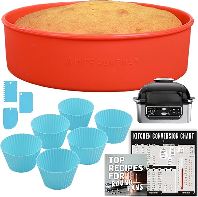 Air Fryer Baking Pan Set For Ninja Foodi Grill 5-in-1 AG301 4qt, Freezer & Airfryer Bakeware Sets with Cupcake Liners & Kitchen Conversion Chart, Nonstick Round Cake Molds for Baking